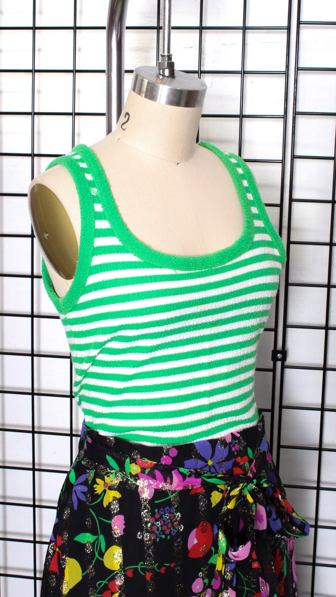 1960s Green White Cotton Terry Striped Ringer Tank