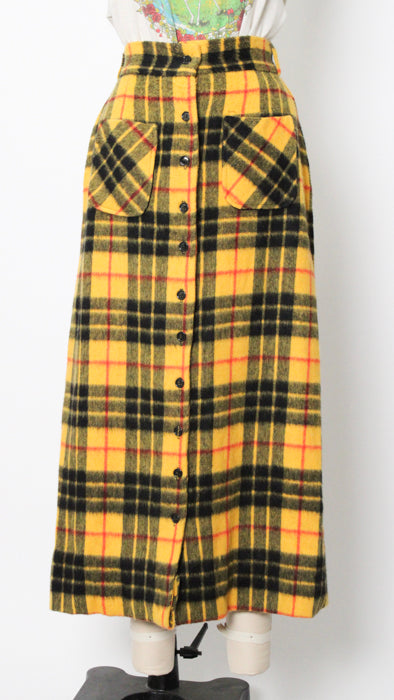 1970s Yellow Black Checked Felted Skirt