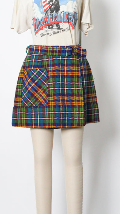 1960s Green Yellow Plaid Boucle Knit Pleated Skirt