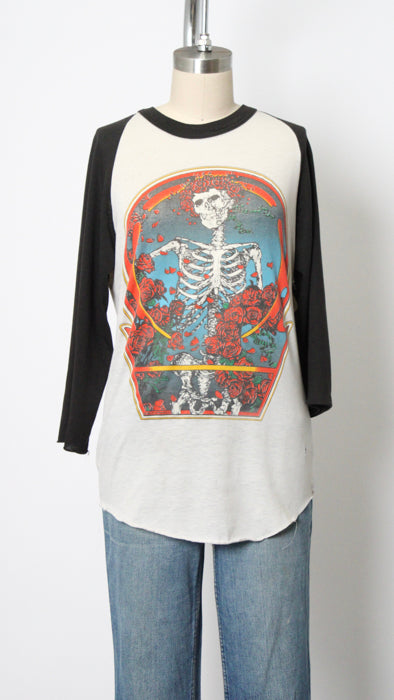 1980s White Grateful Dead Skeleton and Roses 3/4 Sleeve Tee