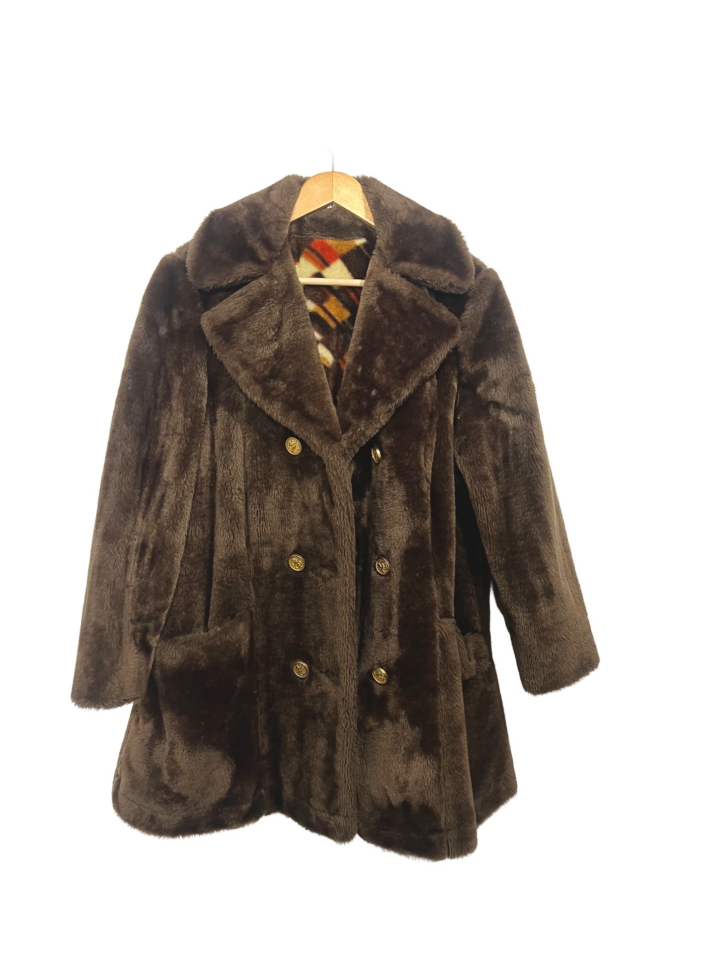 1970s Brown Faux Fur Teddy Bear Plush Double Breasted Coat