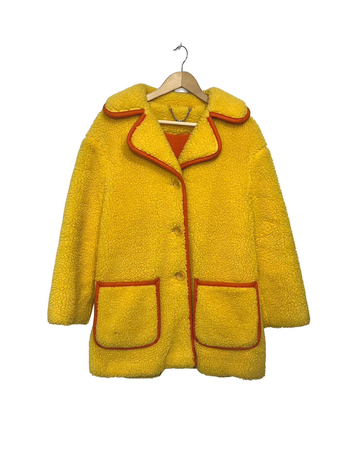 1970s Yellow Fleece Orange Piping Patch Pocket Coat