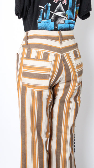 1970s Tan Stripe Wide-Leg Snap Flare Jeans