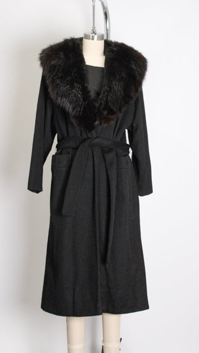 1960s Black Rabbit Fur Wool Satin-Lined Belted Wrap Coat