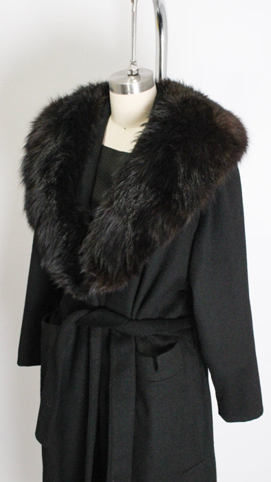 1960s Black Rabbit Fur Wool Satin-Lined Belted Wrap Coat