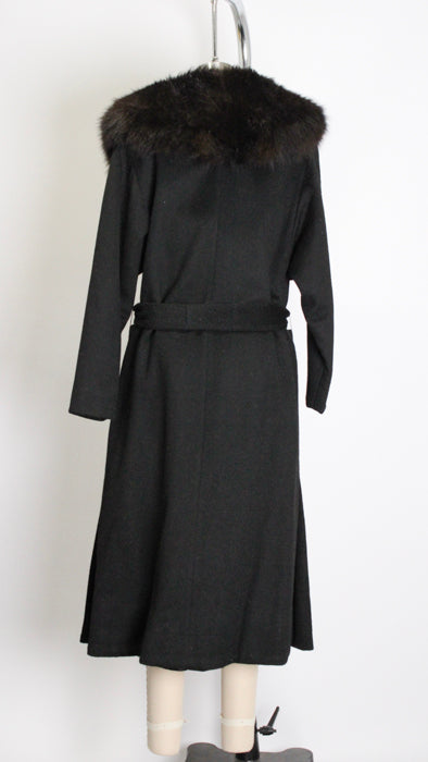 1960s Black Rabbit Fur Wool Satin-Lined Belted Wrap Coat