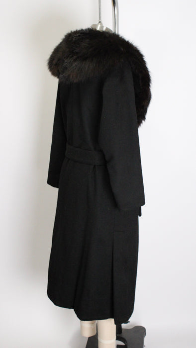 1960s Black Rabbit Fur Wool Satin-Lined Belted Wrap Coat