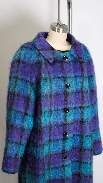 1980s Blue Purple Checked Mohair Coat