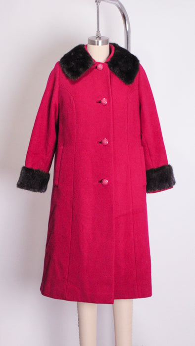 1960s Fuchsia Black Fur Trim Brushed Wool Classic Coat