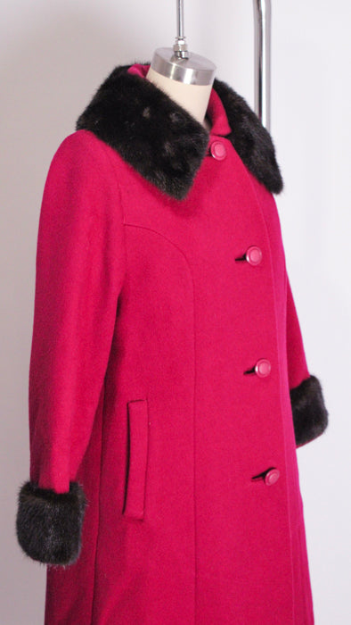 1960s Fuchsia Black Fur Trim Brushed Wool Classic Coat