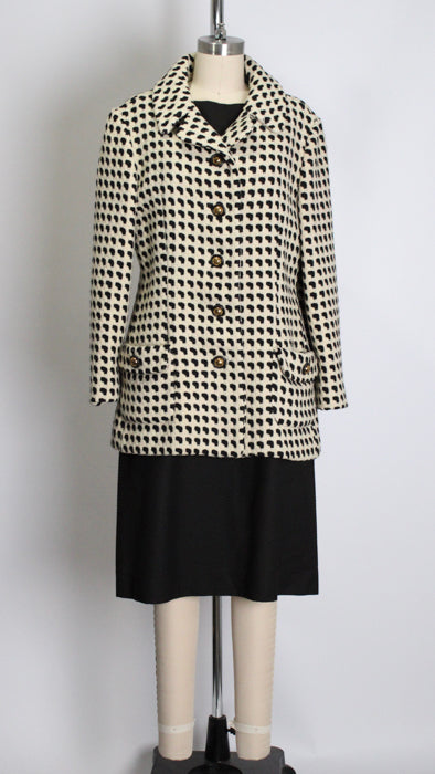 1960s High-Contrast Black White Textured Car Coat