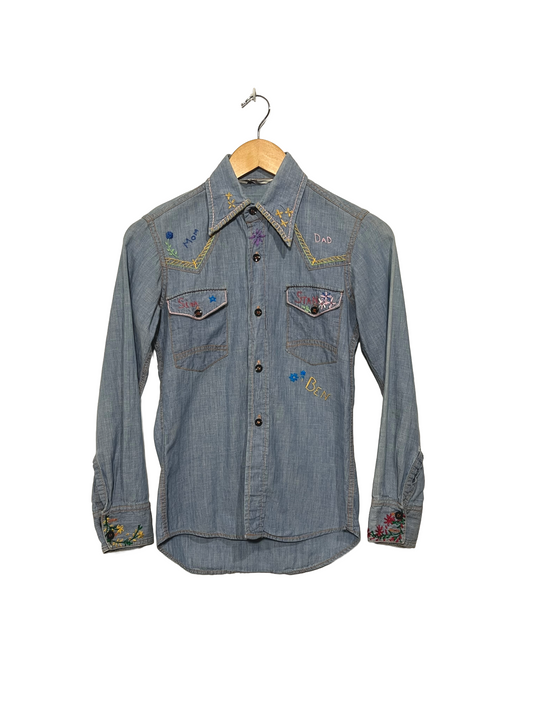 1970s Hand Embroidered Cotton Chambray Shirt