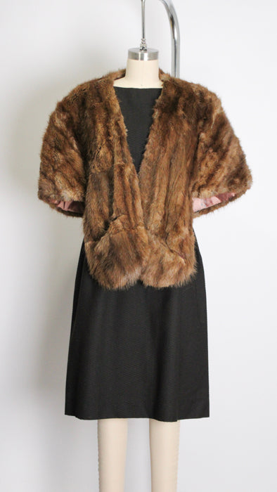 1930s Brown Striped Mink Fur Pocketed Satin-Lined Shawl