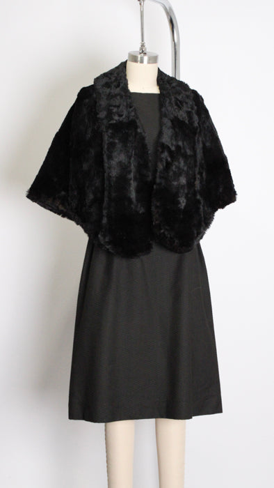 1930s Black Mouton Seal Fur Pocketed Satin-Lined Shawl