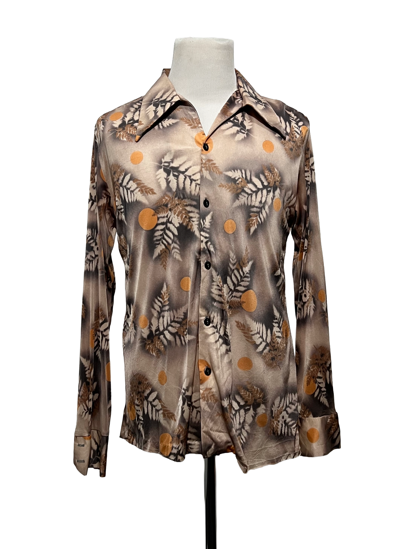 1970s Orange Grey Dusk Ferns Moon Allover Print Disco Shirt