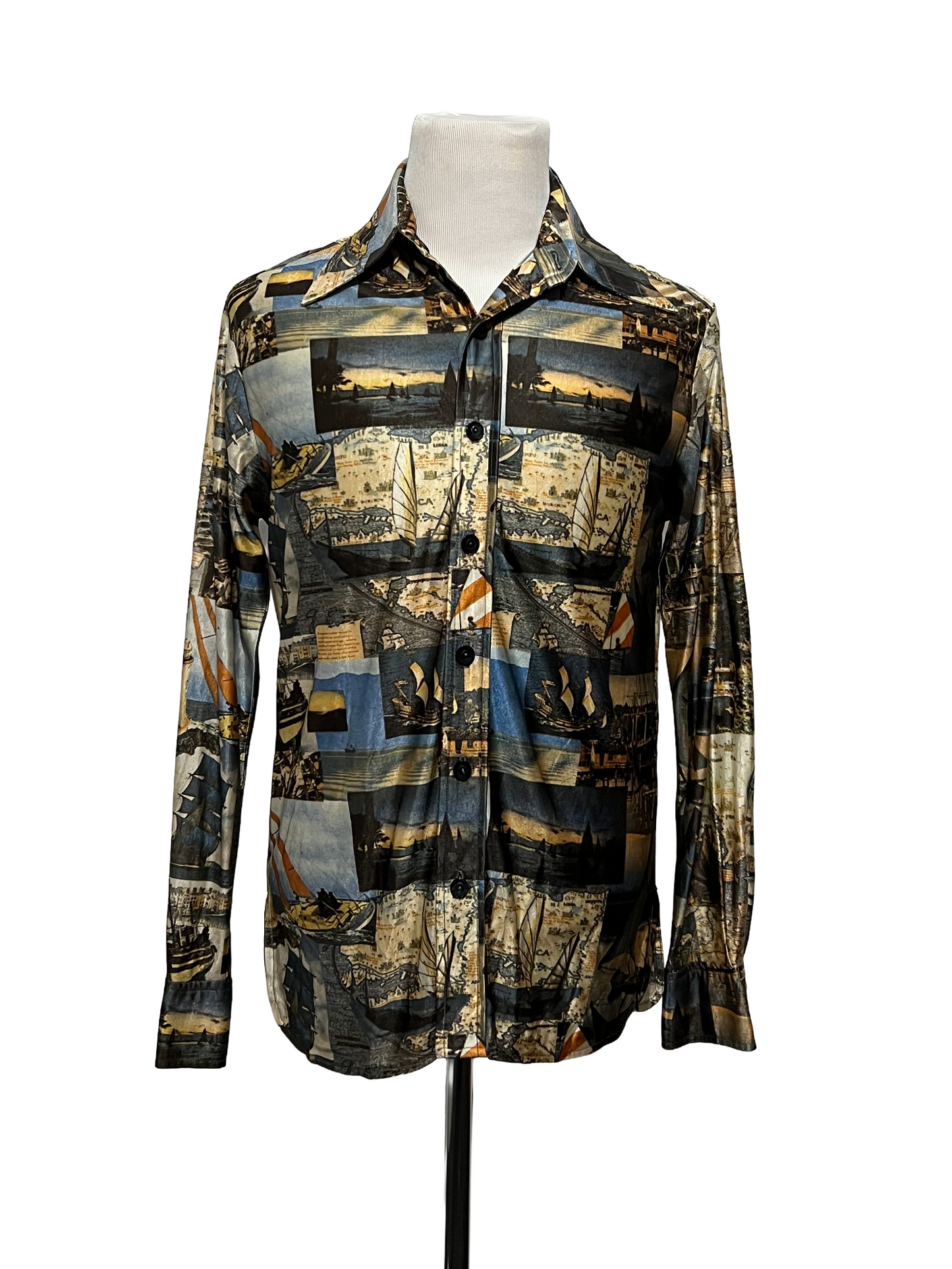 1970s Photoreal Boats Nylon Disco Shirt