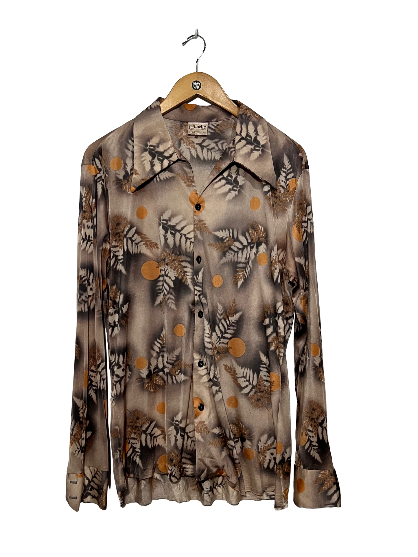 1970s Orange Grey Dusk Ferns Moon Allover Print Disco Shirt