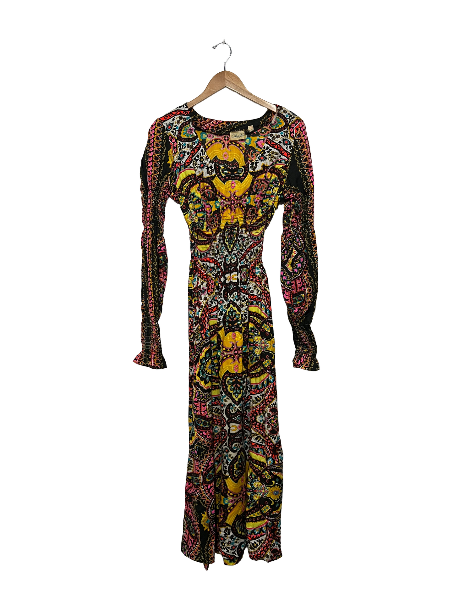 1960s Bold Paisley Slit Sleeves Smocked Peasant Maxi Dress