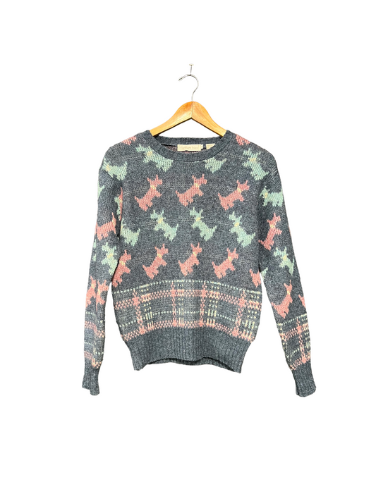 1990s Blue Pink Baby Blue Plaid Scottie Dogs Wool Cropped Sweater