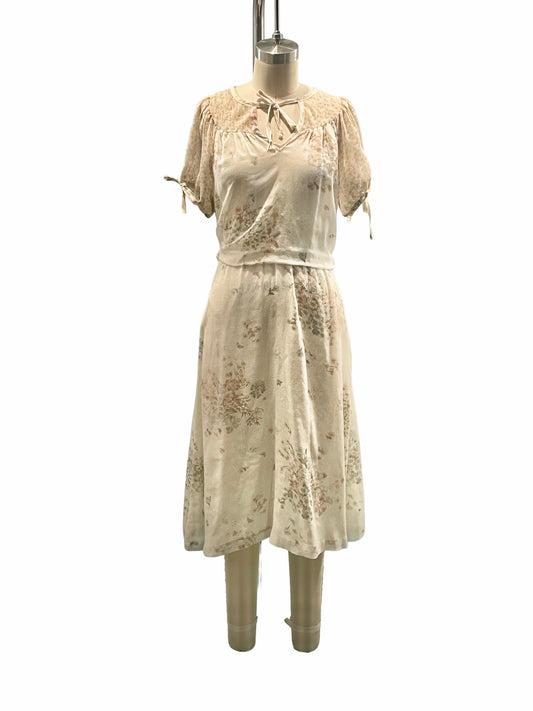 1970s Off White Gauzy Pastel Floral Keyhole Dress