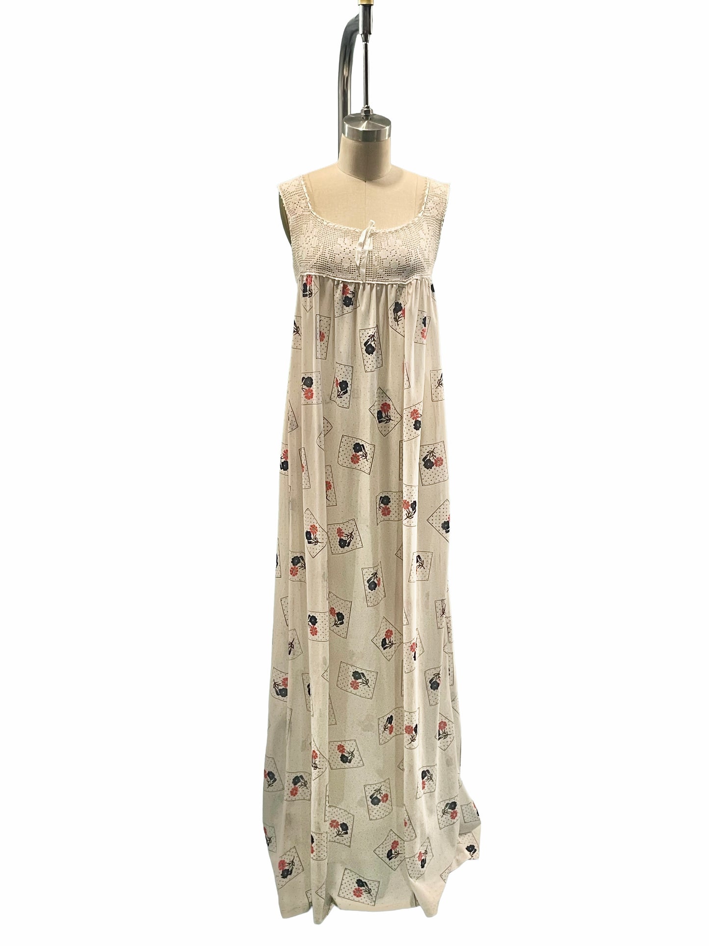 1970s White Crocheted Bodice Nylon Floral Print Boho Maxi Dress