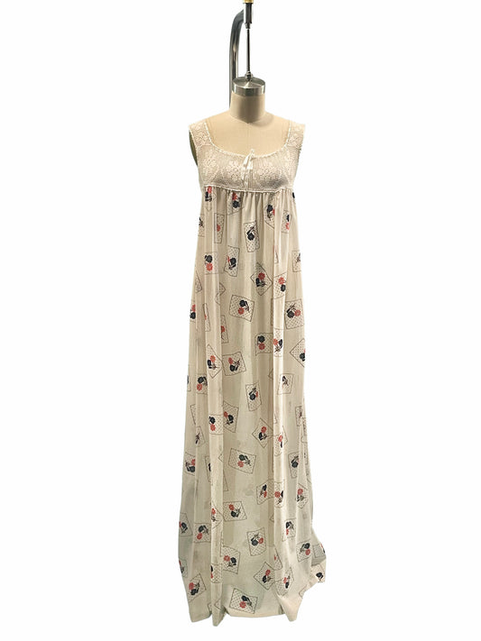 1970s White Crocheted Bodice Nylon Floral Print Boho Maxi Dress