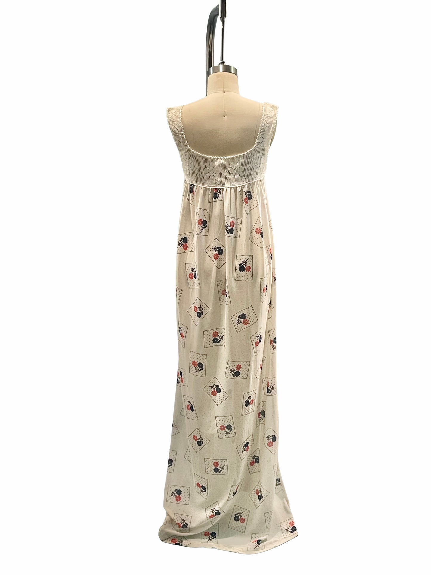 1970s White Crocheted Bodice Nylon Floral Print Boho Maxi Dress