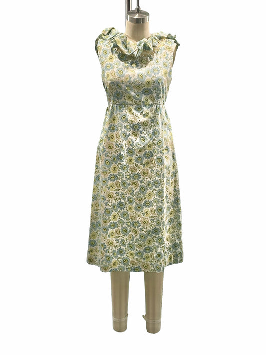 1970s White Blue Yellow Floral Print Ruffle Scoop Back Dress
