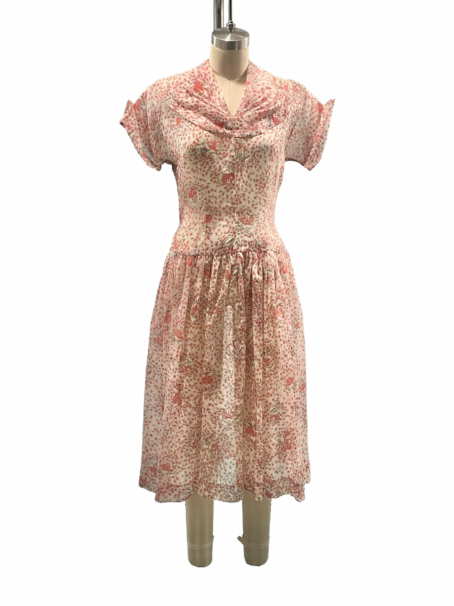 1950s Atomic Coral Rhinestone Sheer Seersucker Garden Party Dress