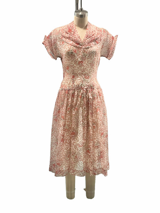 1950s Atomic Coral Rhinestone Sheer Seersucker Garden Party Dress