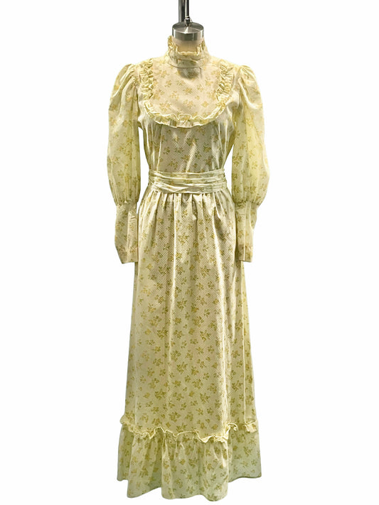 1970s Pale Yellow Floral Swiss Dot Ruffle Prairie Dress