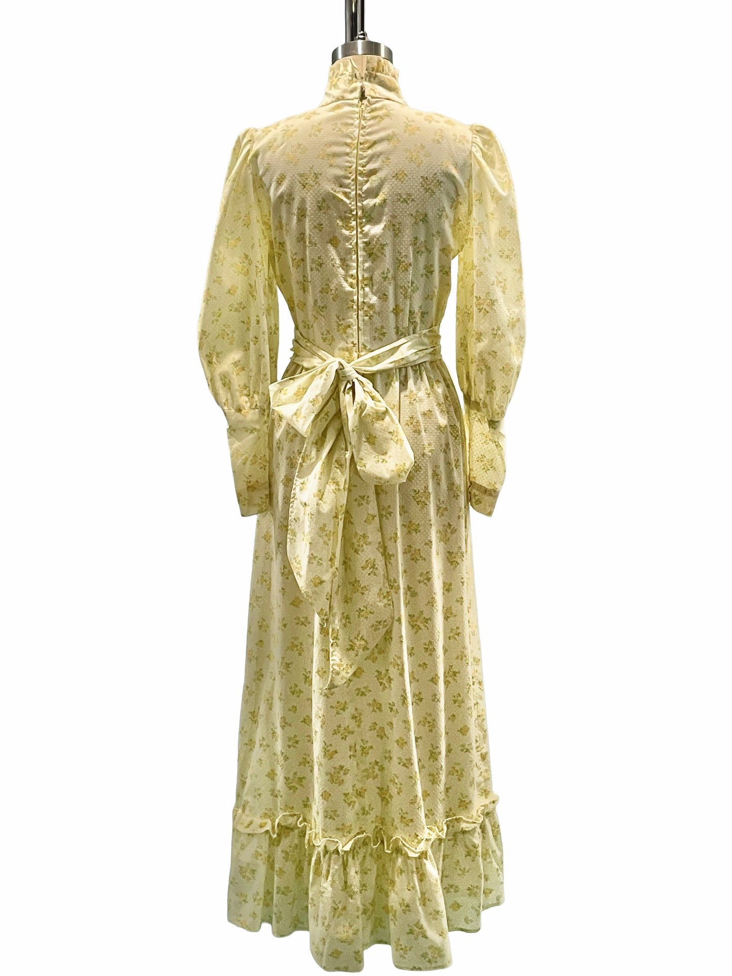 1970s Pale Yellow Floral Swiss Dot Ruffle Prairie Dress