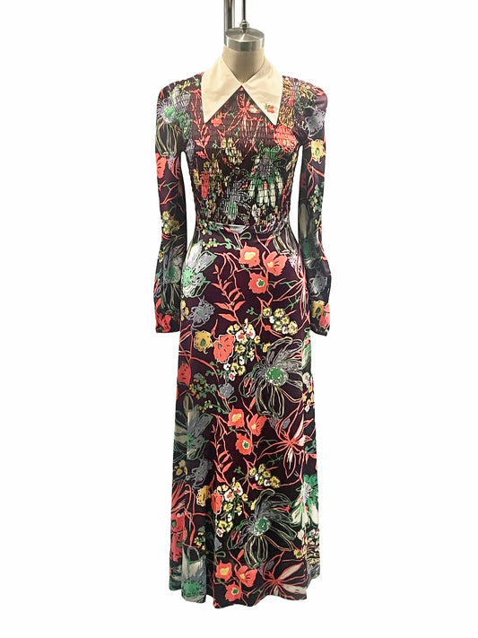 1970s Aubergine Garden Print Dagger Collar Smocked Nylon Maxi Dress