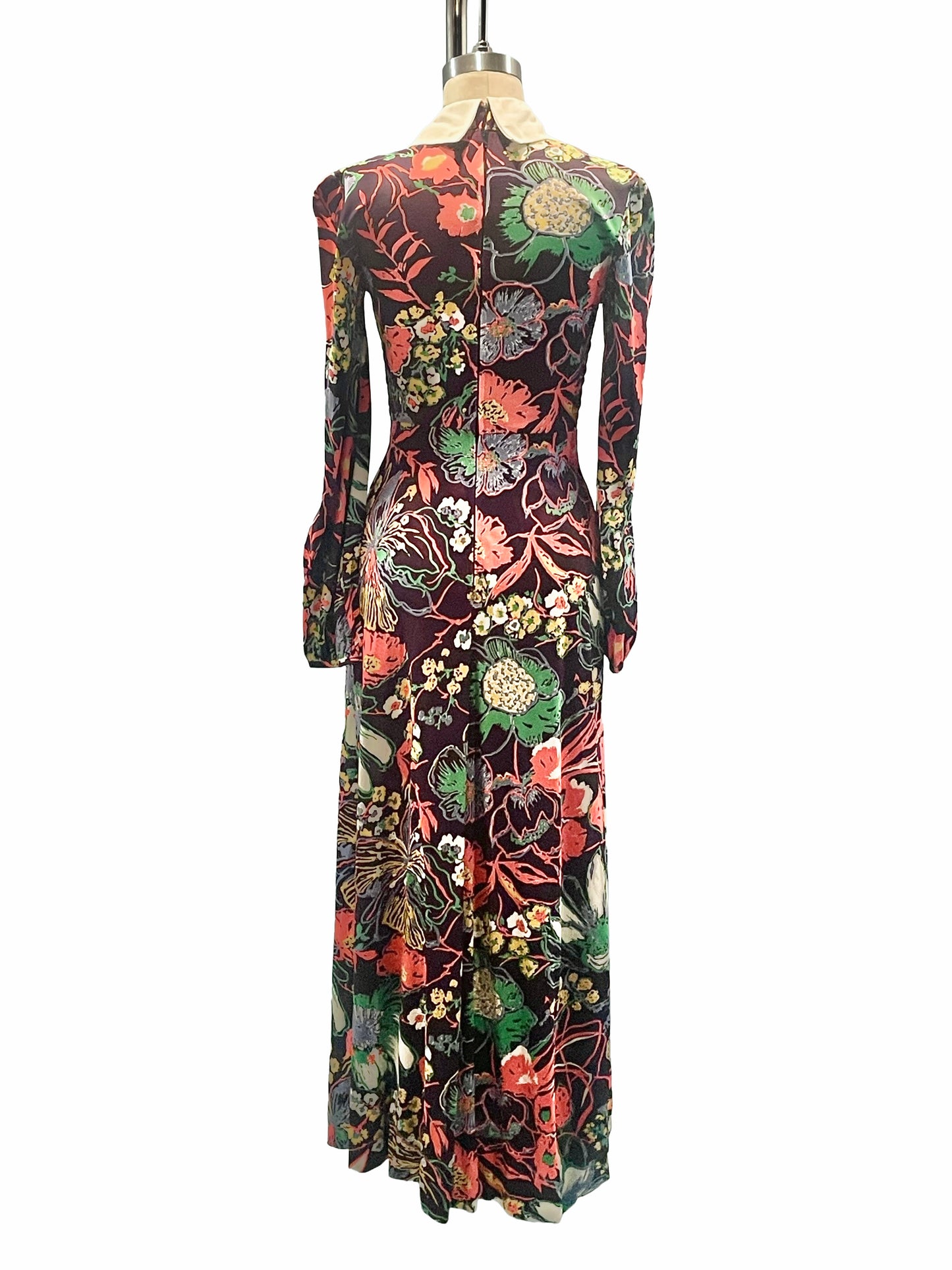 1970s Aubergine Garden Print Dagger Collar Smocked Nylon Maxi Dress