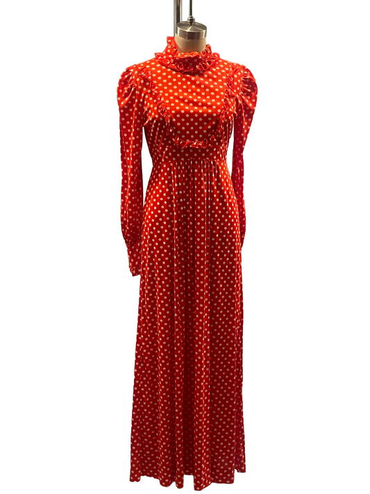 1970s Red White Poly Polka Dot High Neck Ruffle Maxi Dress