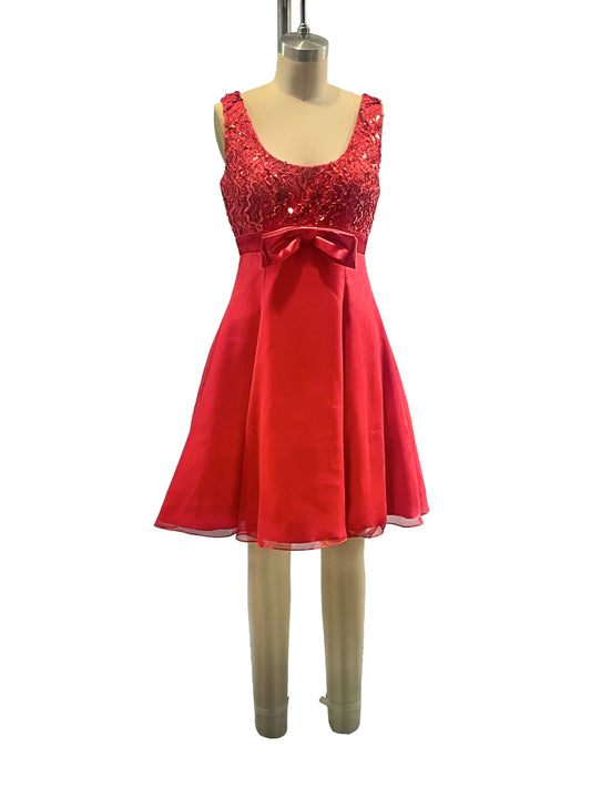1980s-Does-1960s Red Sequin Bust Fit-and-Flare Party Dress
