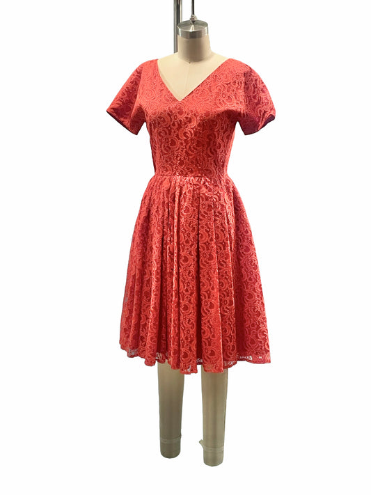 1950s Red Lace V-Neckline Fit-and-Flare Cap Sleeve Dress