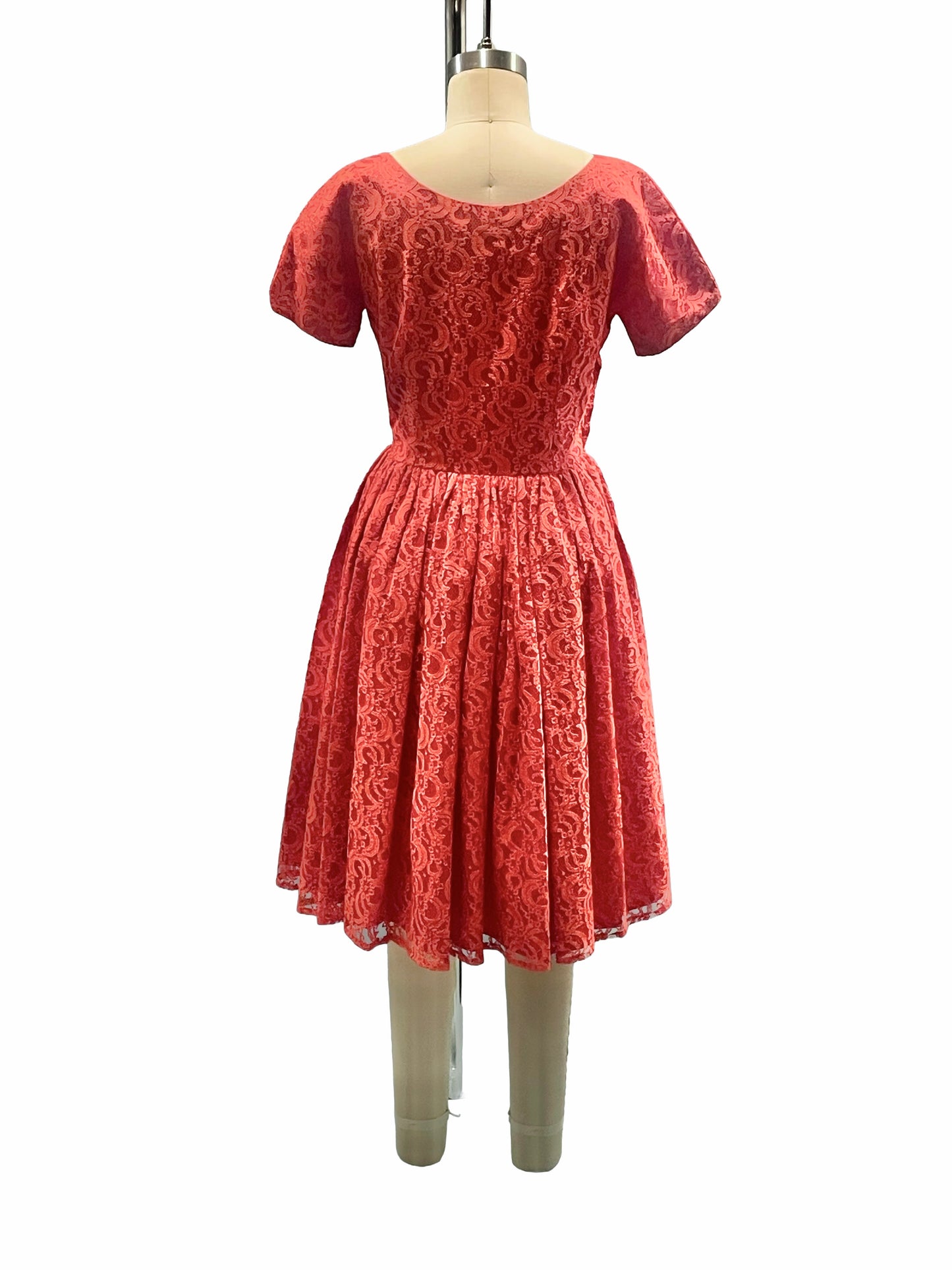 1950s Red Lace V-Neckline Fit-and-Flare Cap Sleeve Dress
