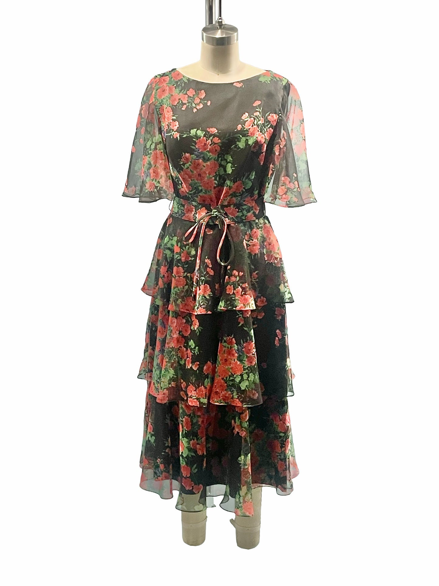 1970s Black Rose Print Miss Elliette Floral Chiffon Overlay Tiered Maxi Dress