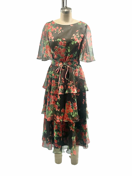 1970s Black Rose Print Miss Elliette Floral Chiffon Overlay Tiered Maxi Dress