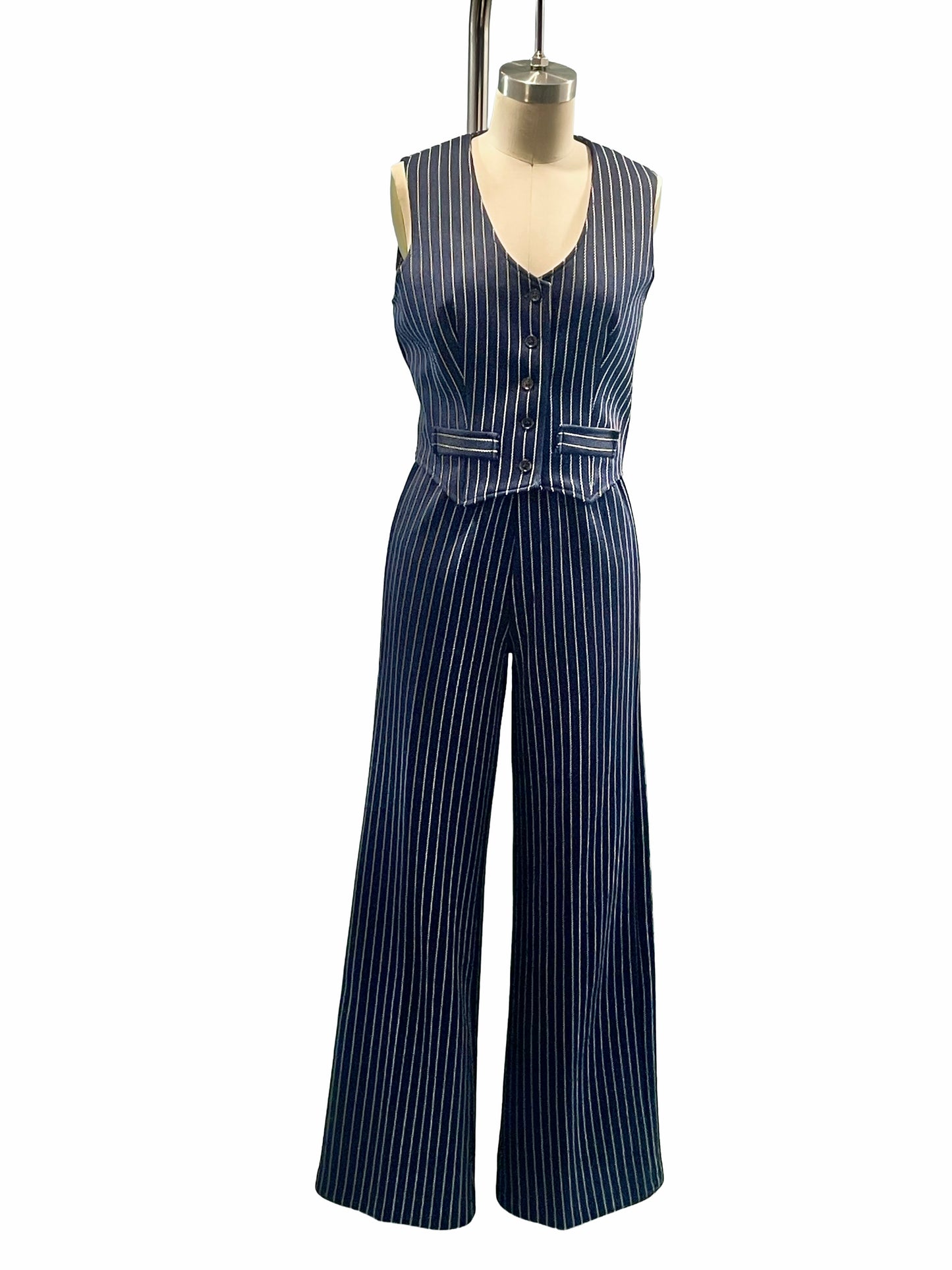 1970s Navy White Tailored Pinstripe Poly Knit 3-Piece Suit