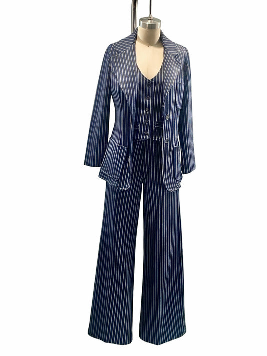 1970s Navy White Tailored Pinstripe Poly Knit 3-Piece Suit