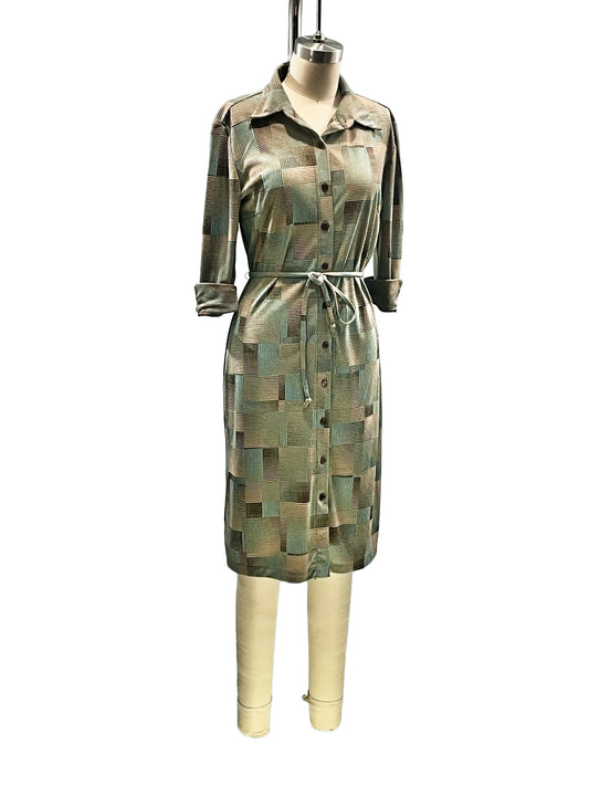 1990s-Does-1970s Aqua Tan Brown Geo Plaid Tie Waist Shirt Dress