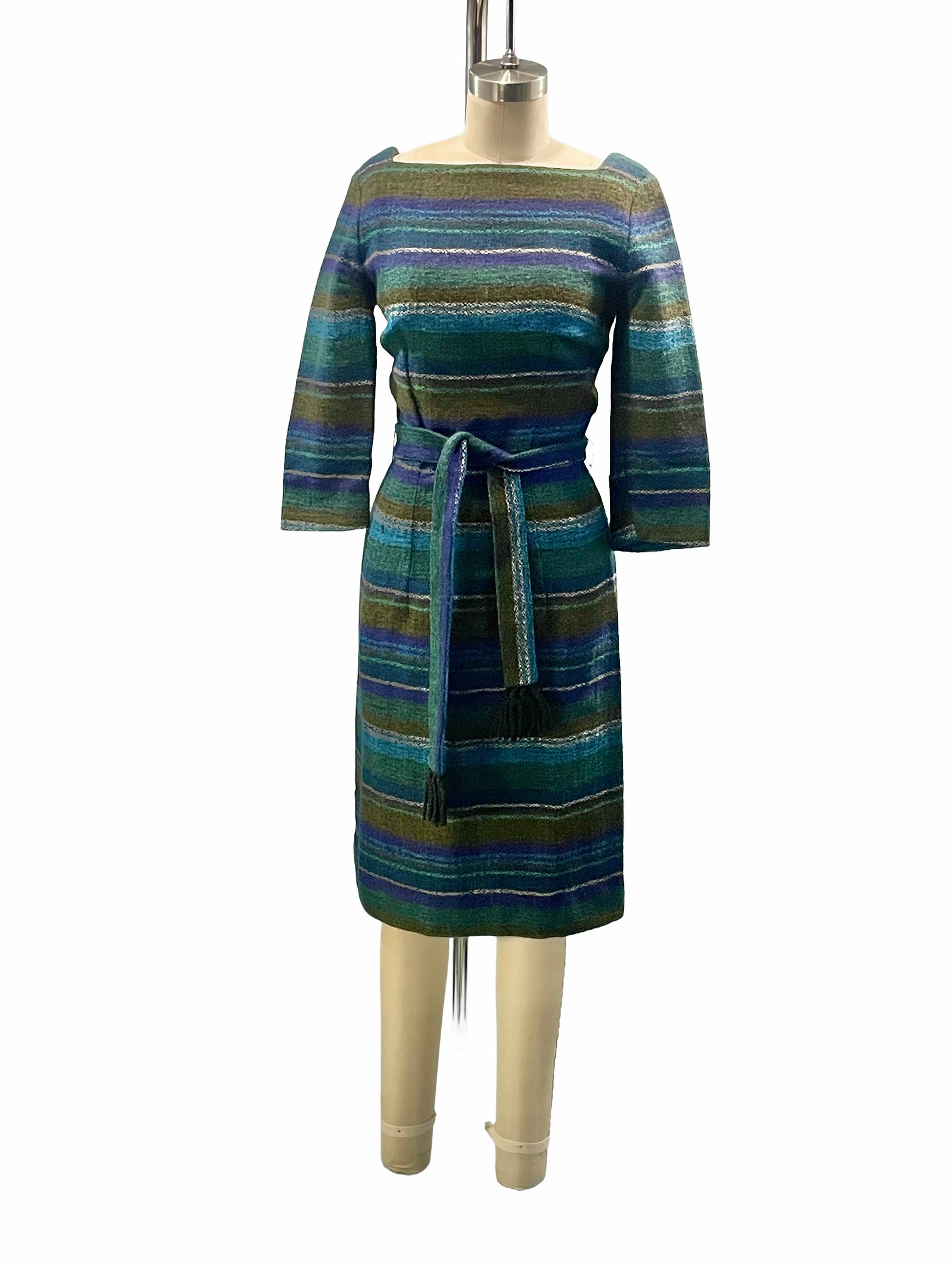 1960s Blue Green Wool Stripe Square Neckline Belted Wiggle Dress 1960s Blue Green Wool Stripe Square Neckline Belted Wiggle Dress