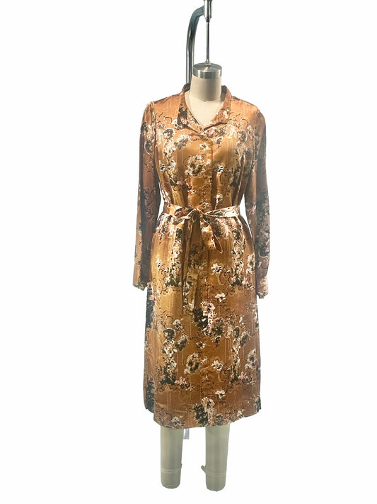1960s Copper Silk Satin Import Self-Belt Shift Dress
