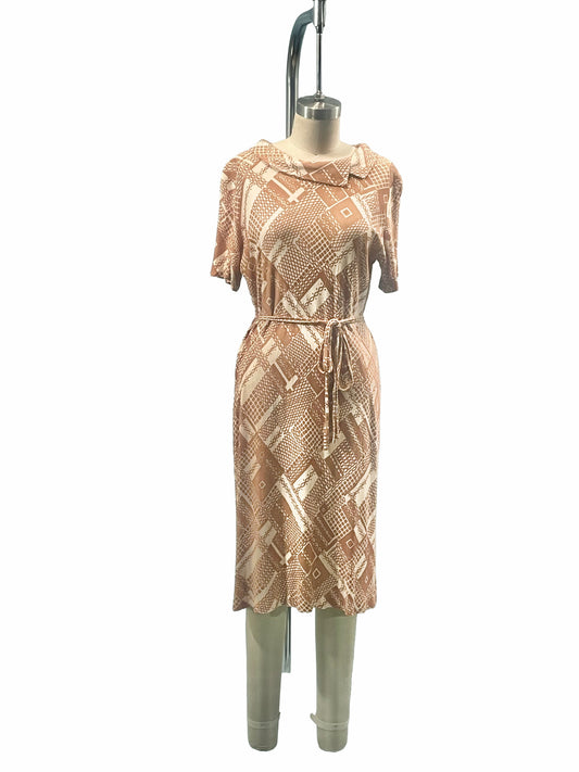 1960s Mocha Cream Geo Print Slinky Nylon Double-Tie Belt Dress