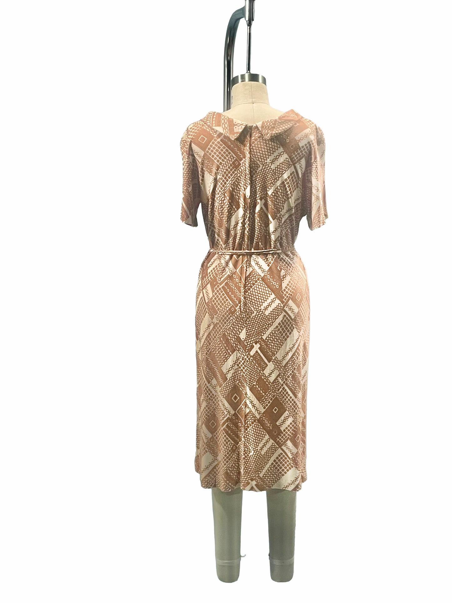 1960s Mocha Cream Geo Print Slinky Nylon Double-Tie Belt Dress