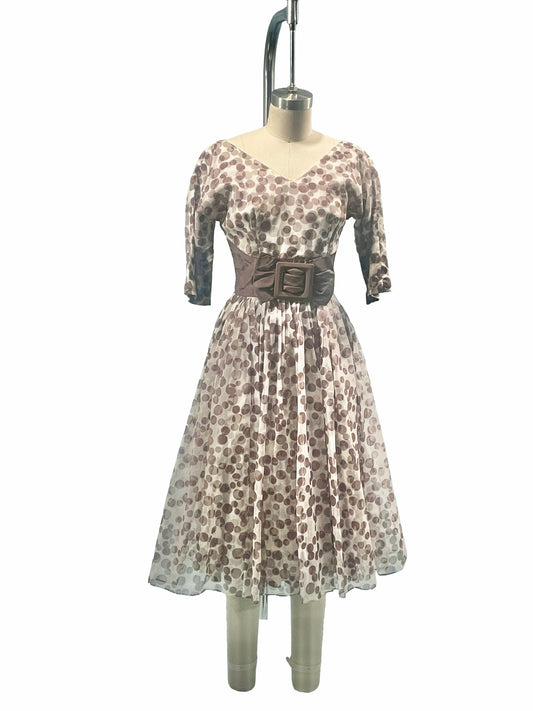 1950s Brown Cream Dotty Print Organza Satin Bow Party Dress