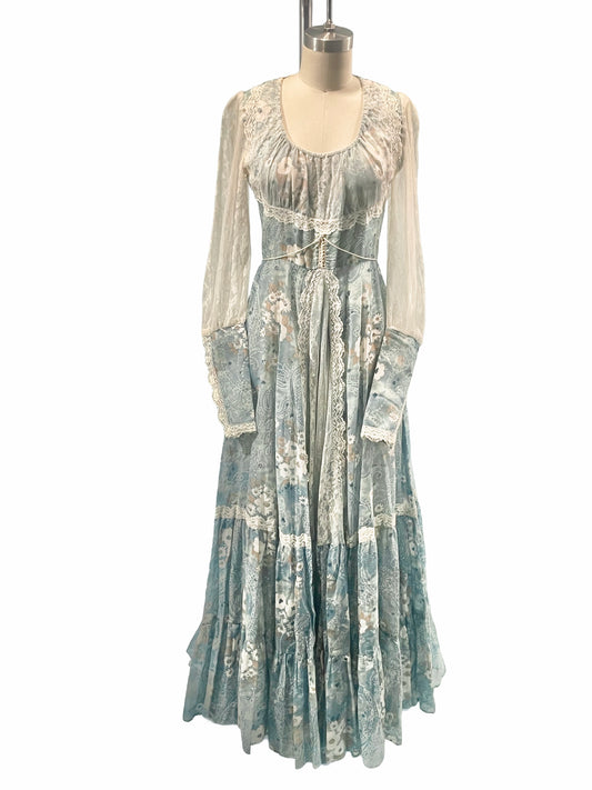 1970s Ocean Blue Gunne Sax Jessica McClintock SF Zip Cuff Lace Paisley Cotton Prairie Maxi Dress