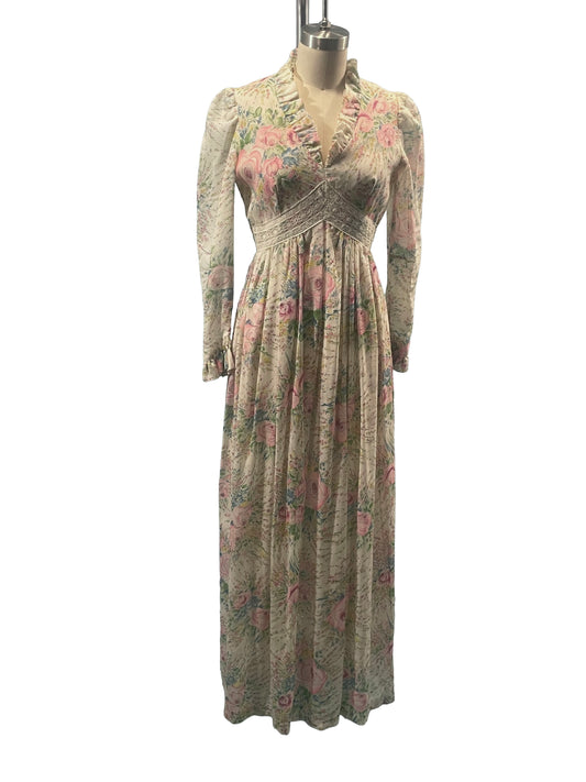 1970s Ivory Pink Blue Ruffle Trim Floral Print 'ACT I' Cotton Maxi Dress